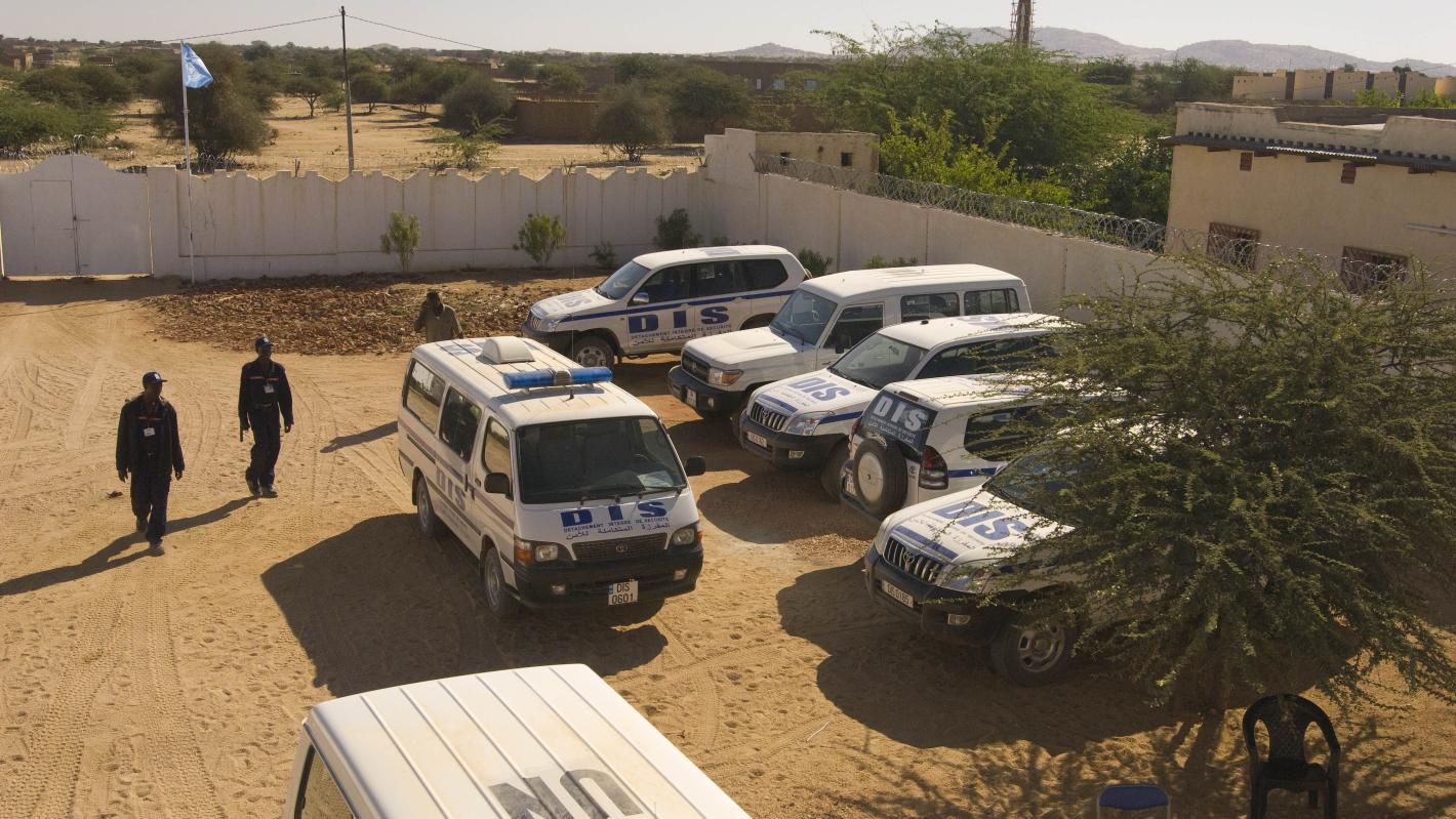 Aerial view of UN Vehicles parked in a group